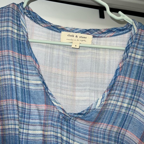 Cloth & Stone Anthropologie Blue Plaid Gingham Hi Lo Short Sleeve Top Small S - Picture 2 of 2